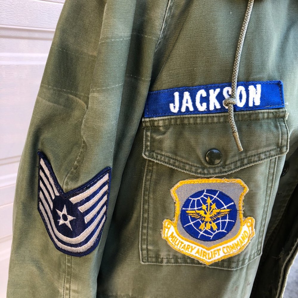 Vintage Men's US Air Force Military Jacket Hood Patches Med Reg Cotton OG 107 - Picture 7 of 12